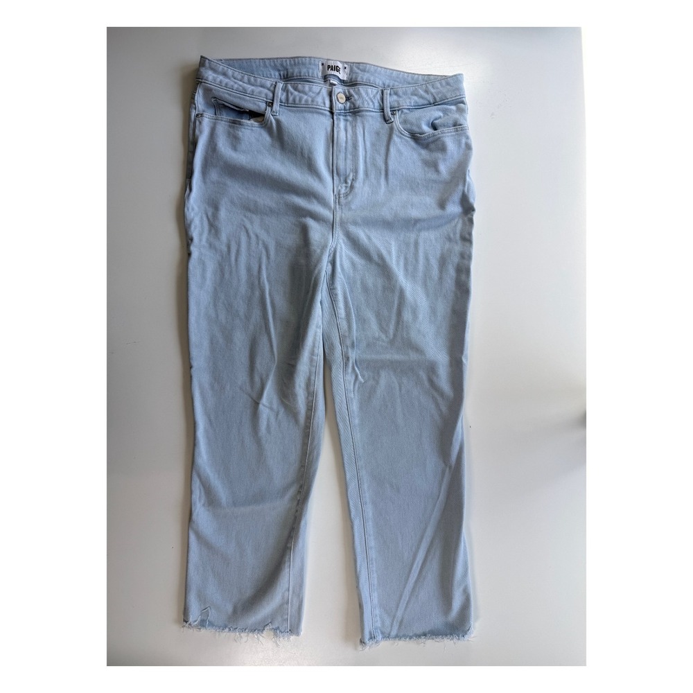 PAIGE Cindy High Rise Ankle Straight Jean Light Wash Denim Raw Edge Hem Women 34